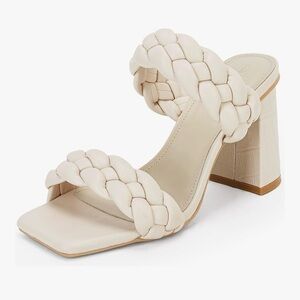 Cream Woven Leather Sandals with Block Heel